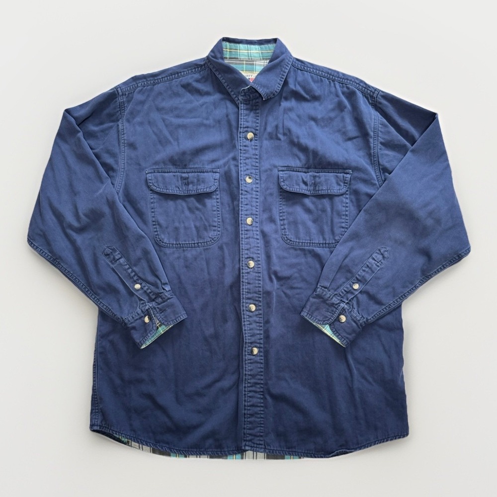 County Seat Men's L Flannel Lined Canvas Shirt Jacket Navy Vintage 100% Cotton